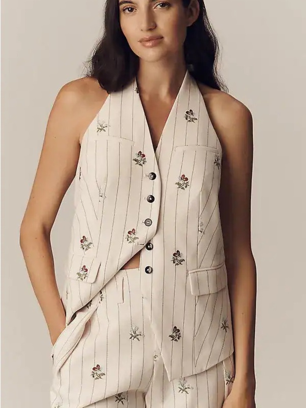 Maeve Cream Halter Vest with Blue and Green Floral Embroidery